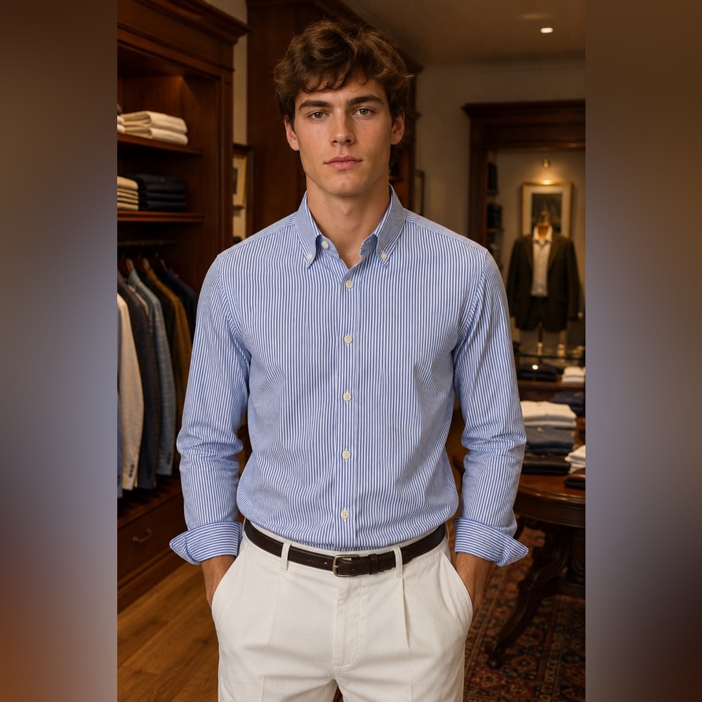 Brunello Cucinelli Blue Stripe Button-Down Shirt - Picture 2 of 2